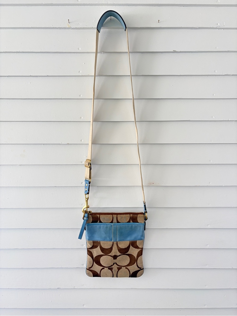 Coach Brown Signature Canvas Crossbody with Light Blue Trim